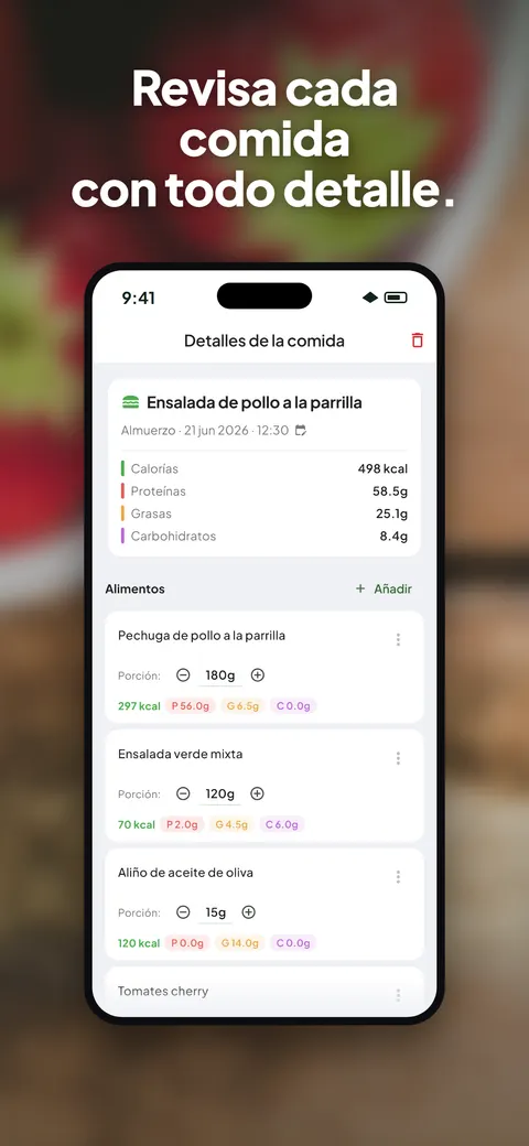 La app Wellix analizando la foto de una ensalada en un iPhone — 6/10