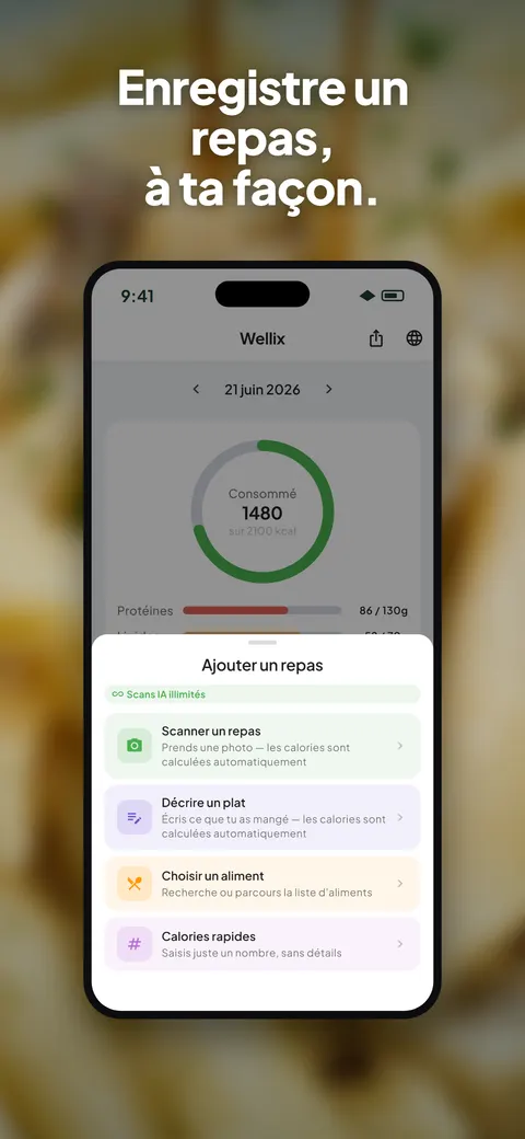 L'app Wellix analysant la photo d'une salade sur iPhone — 3/10