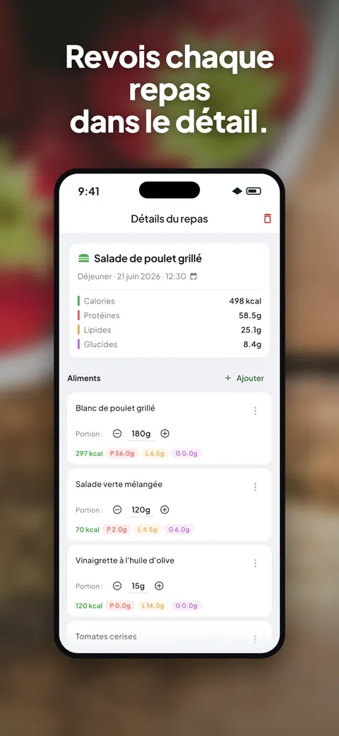 L'app Wellix analysant la photo d'une salade sur iPhone — 6/10