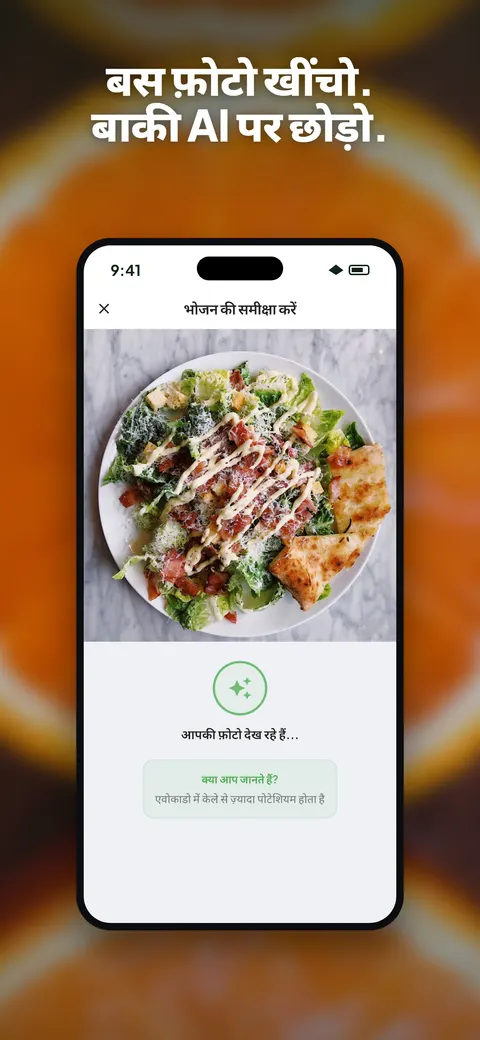 iPhone पर सलाद की फ़ोटो का विश्लेषण करता Wellix ऐप — 1/10