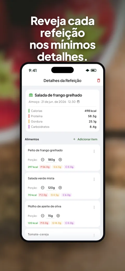 App Wellix analisando a foto de uma salada no iPhone — 6/10