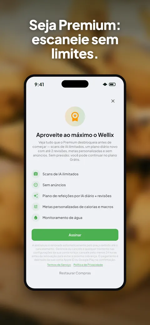 App Wellix analisando a foto de uma salada no iPhone — 10/10
